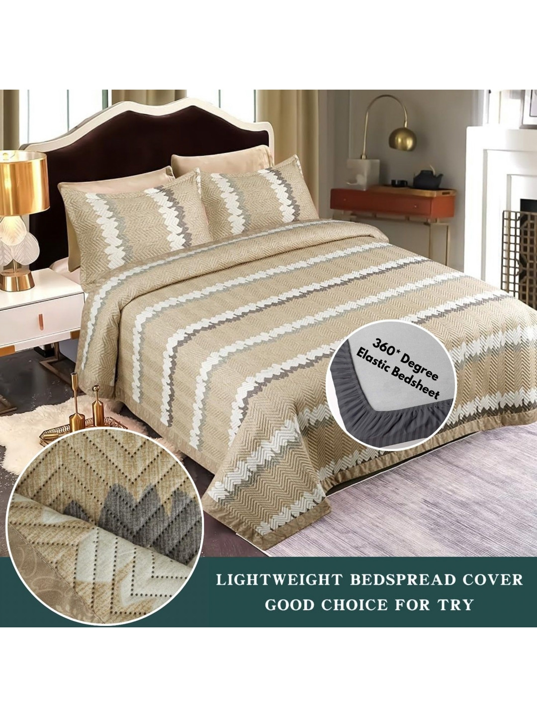 Innovative Edge Premium Beige Chevron Cotton Skin-Friendly 210 TC Fitted King Fine Bedsheet with 2 Pillow Covers-100 x 98 inches