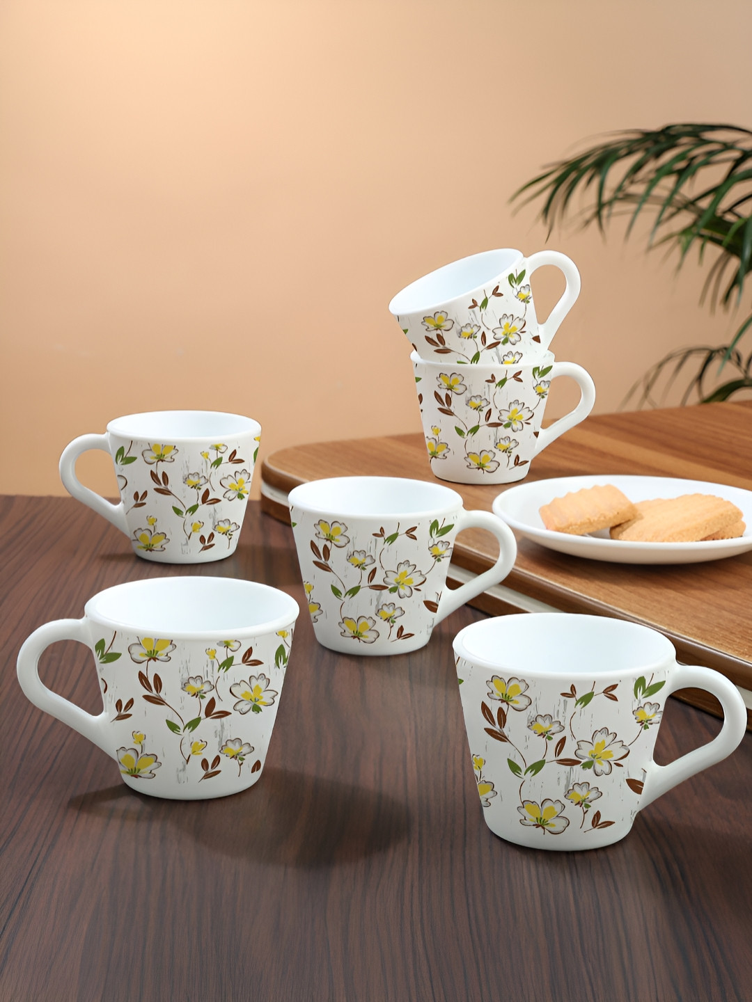 Larah by BOROSIL Novelty Series Amara White 6 Pcs Printed Opalware Matte Mugs 110 Ml