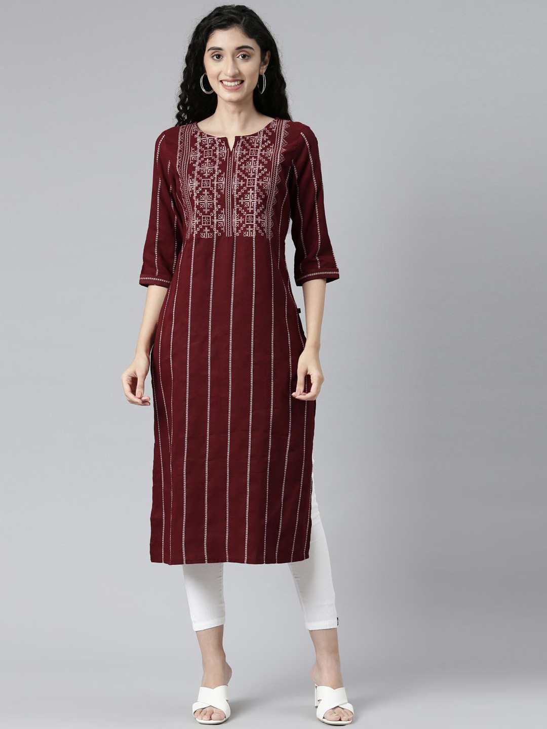 Samhitas Striped Woven Design Notch Neck Kurta