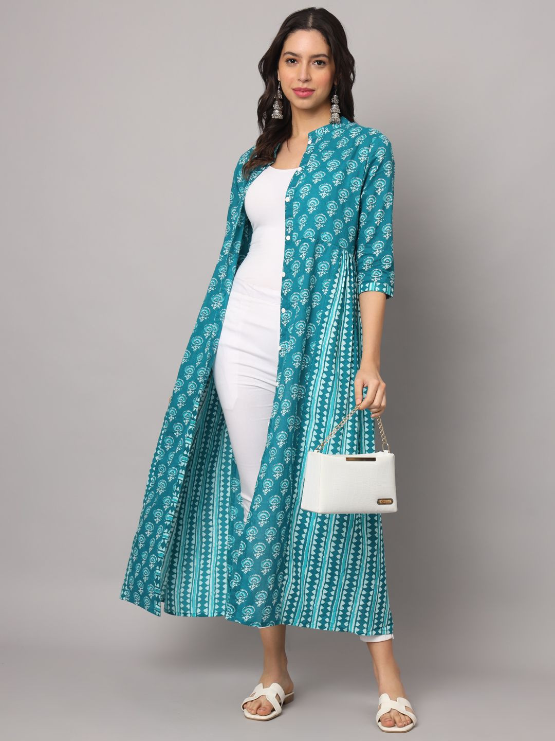 SUBAGI FASHION Floral Printed Gathers Longline Cotton Shrug