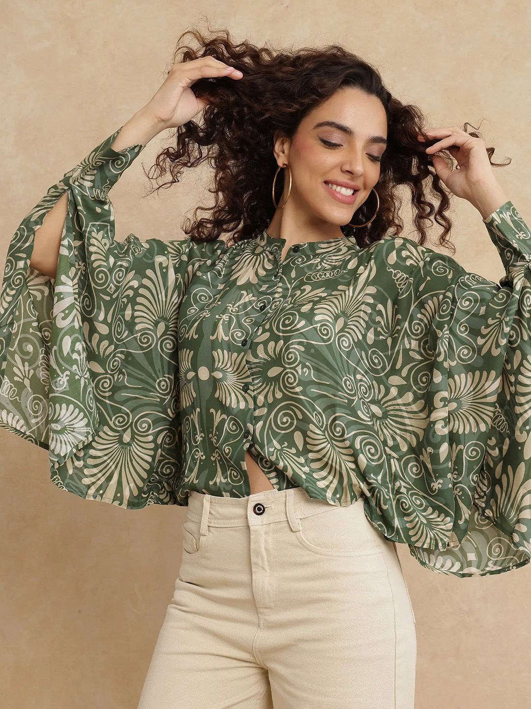 RAREISM Women Print Cuffed Sleeves Primary Green Top