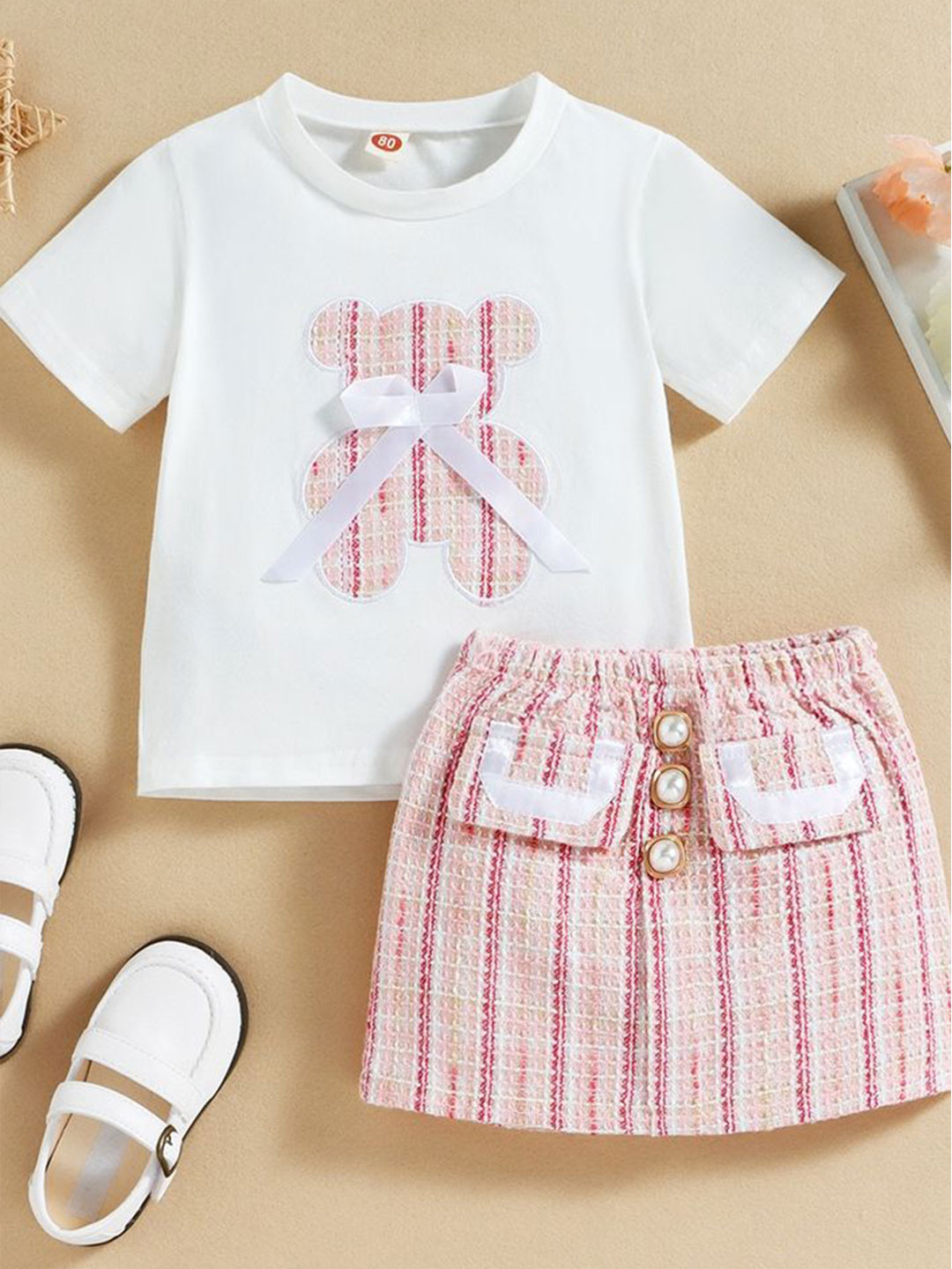 LULU & SKY Girls Embellished Round Neck T-shirt with Tweed Skirt