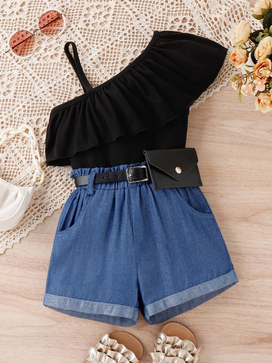 LULU & SKY Girls One Shoulder Top With Denim Shorts