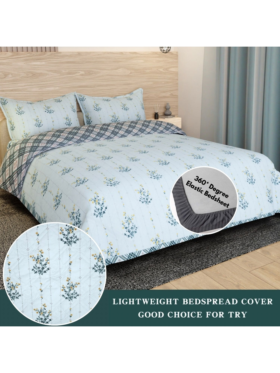 Innovative Edge Premium Comfort Blue Floral Cotton Skin-Friendly 210 TC Fitted King Fine Bedsheet with 2 Pillow Covers-100 x 90 inches