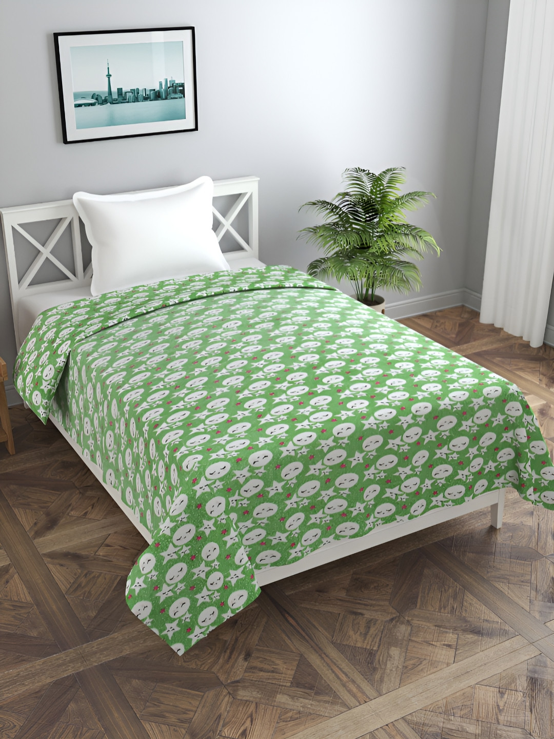 BREVARD Green & White Printed Flannel 190 GSM Single Bed Duvet Cover With Zipper