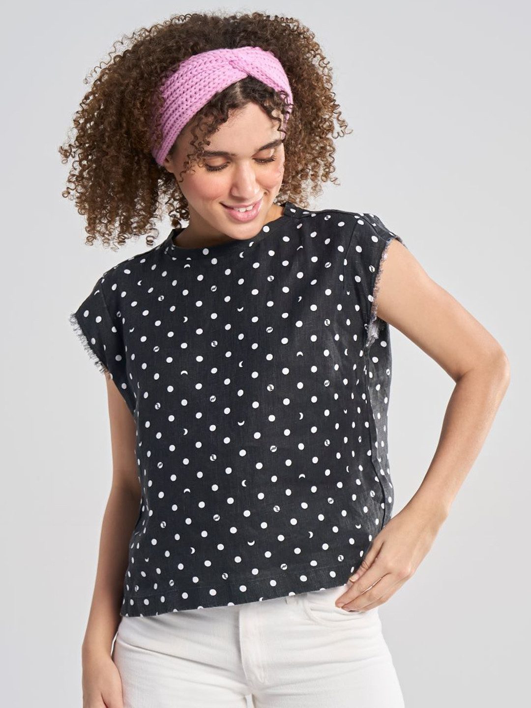 Terra Luna Women Geometric Printed Round Neck Linen Relaxed Fit T-shirt