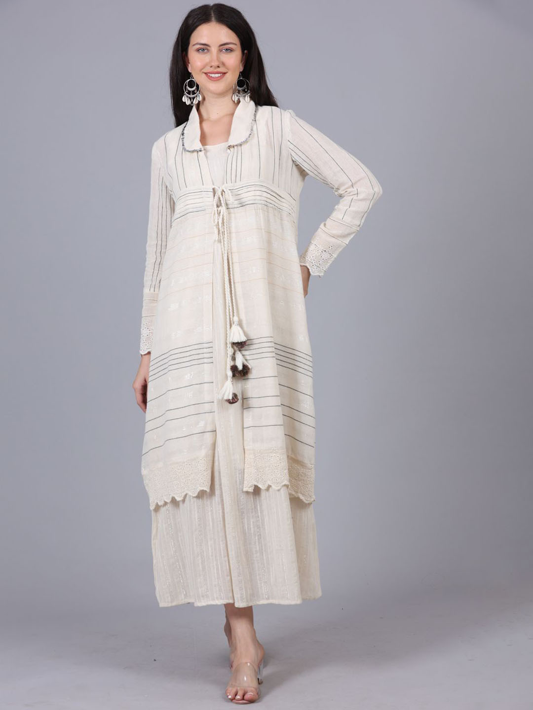 POPPIES LANE Parmesan White 2 Piece Coverup Style Lurex Schiffly Dress