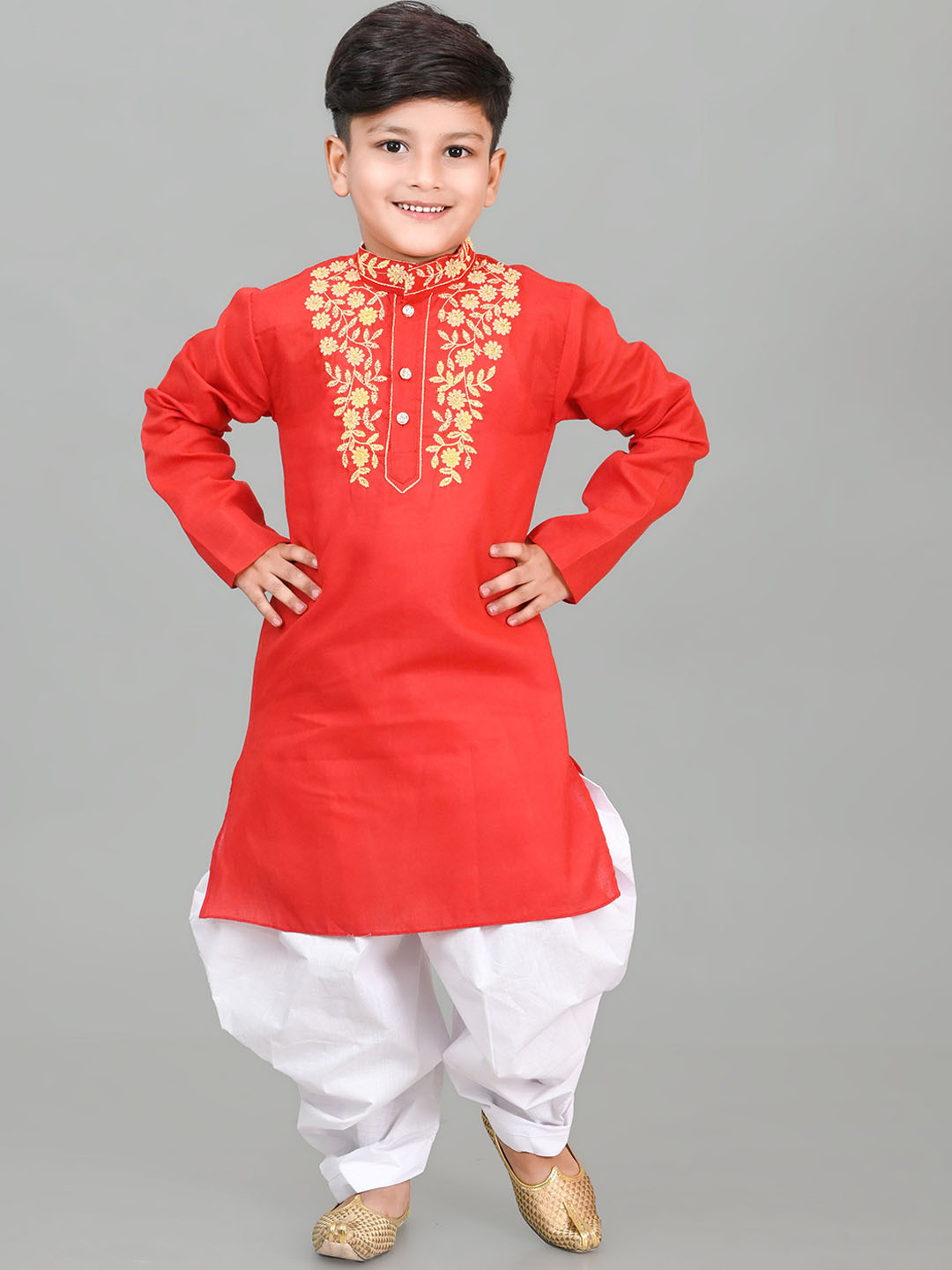 Cae Boys Floral Yoke Design Mandarin Collar Beads Work Straight Kurta With Patiala