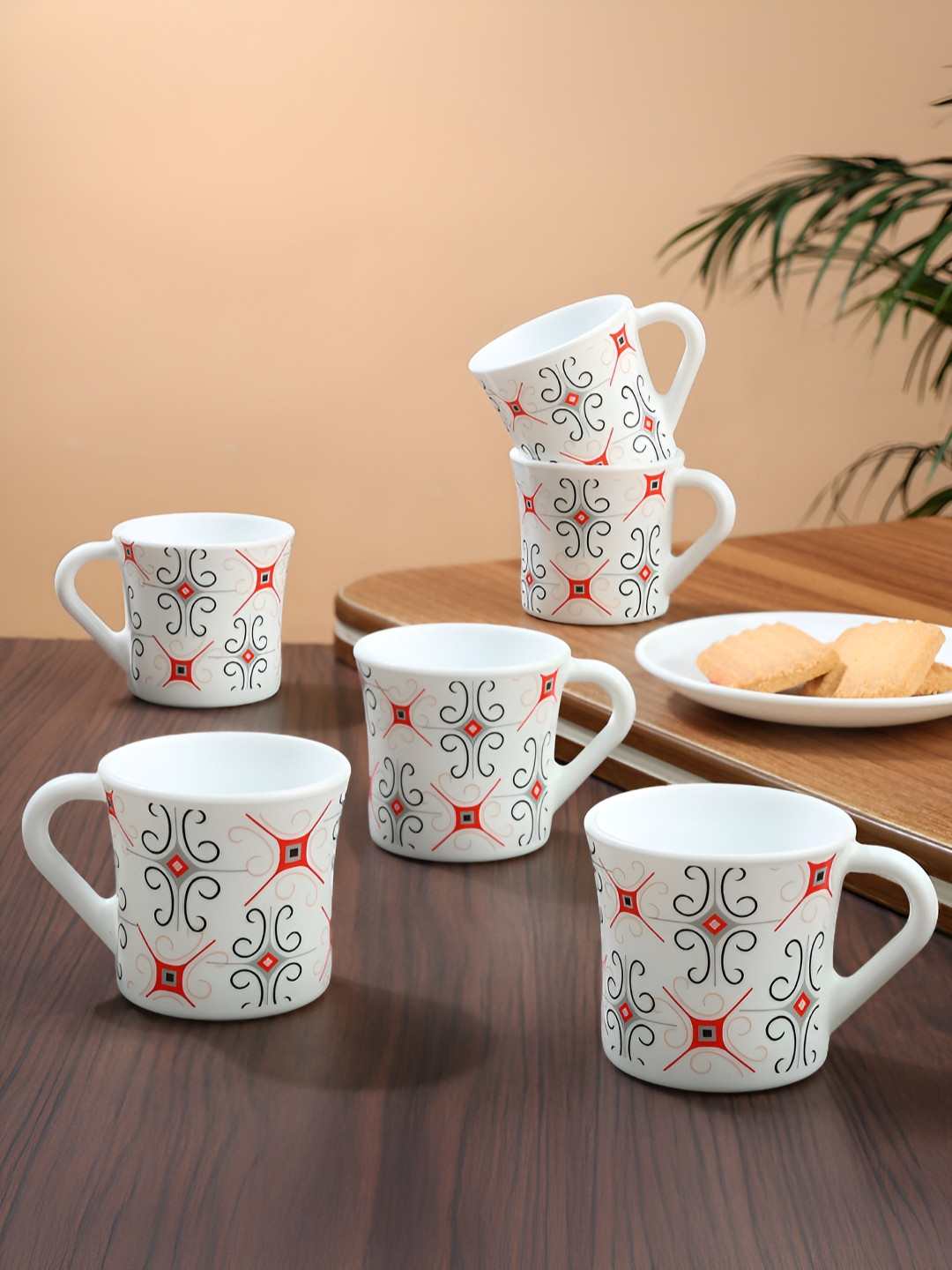Larah by BOROSIL Crysta Series Anya White & Red 6 Pcs Printed Opalware Matte Mugs 100 Ml