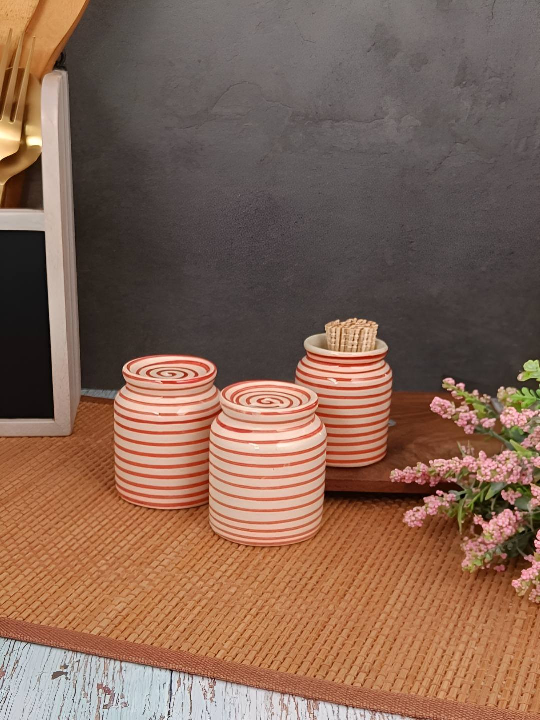 Myntra Elegant Homes Red Striped Ceramic Salt and Pepper Shakers With Toothpick Holder