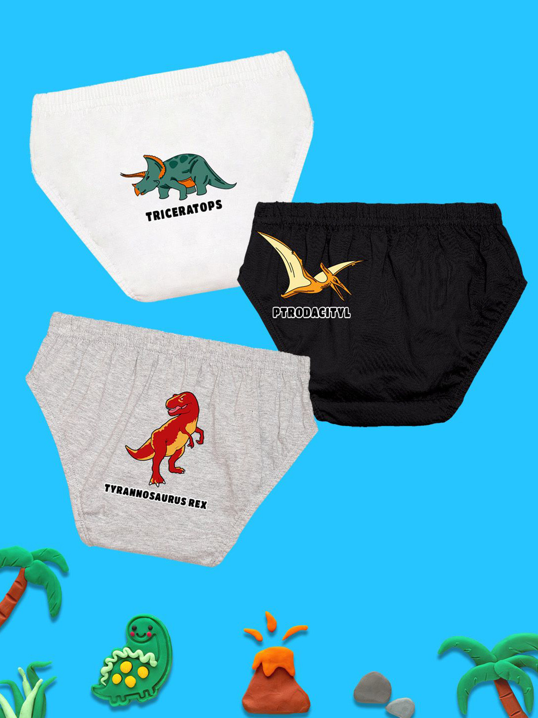 NUSYL Boys Pack Of 3 Dinosaurs Printed Mid Rise Cotton Basic Briefs - NUBCBRFPO3.0116