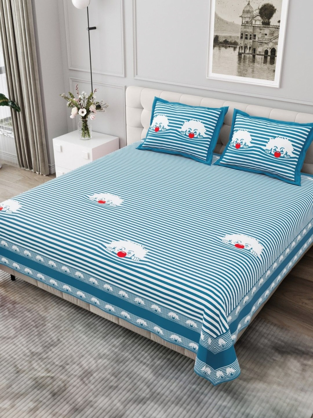 BED-SHEET.COM Blue Striped Pure Cotton 240 TC King Fine Bedsheet with 2 Pillow Covers-118 x 118 inches