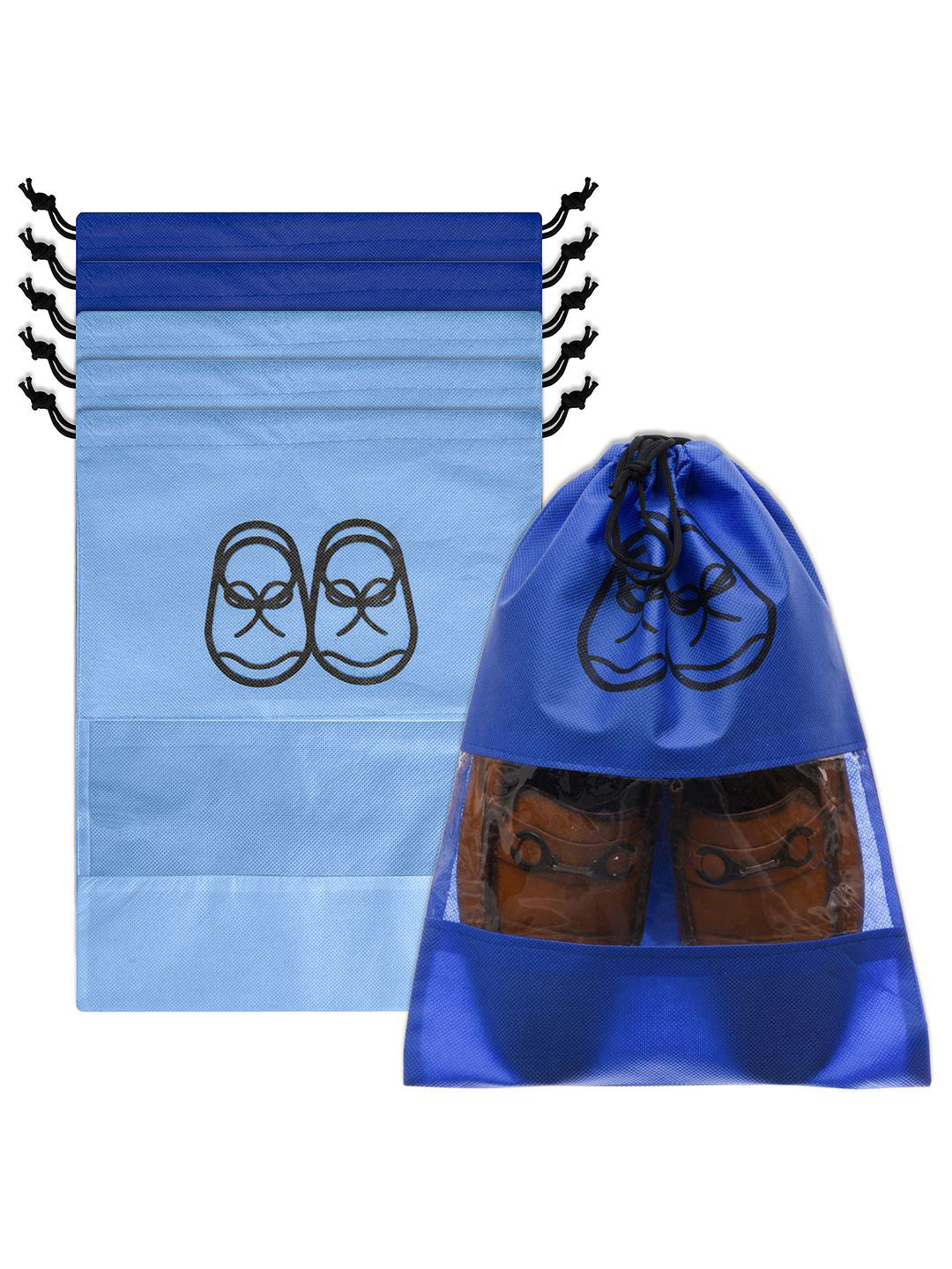 Kuber Industries Blue & Black 6 Pieces Printed Shoe Cover With Drawstring