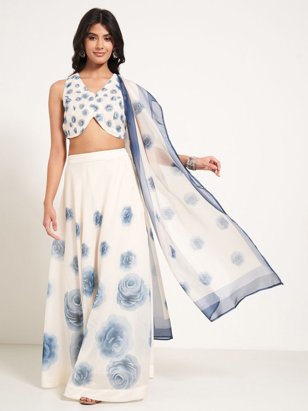 RANGMANCH BY PANTALOONS Floral Printed V-Neck Lehenga With Choli & Dupatta