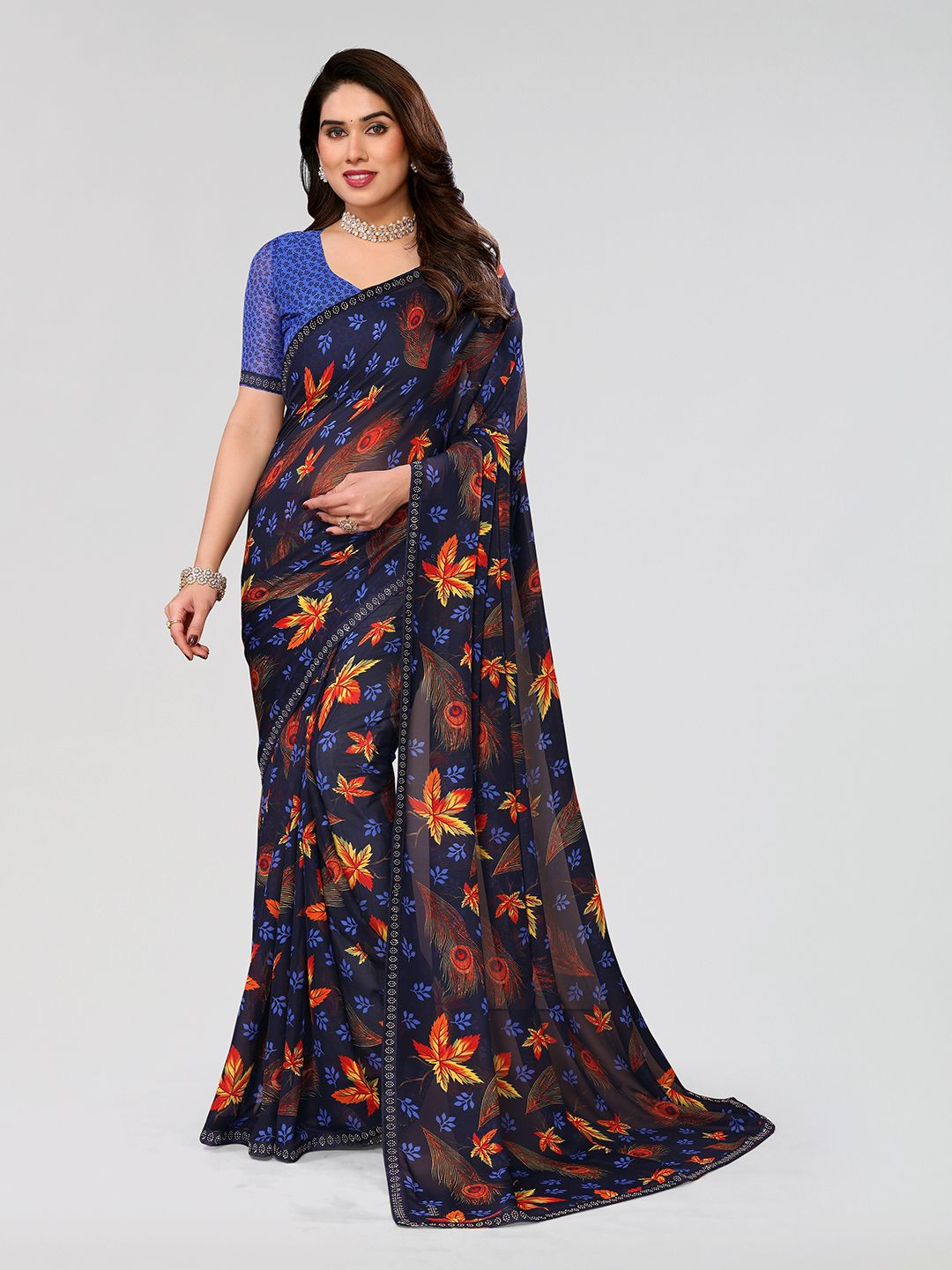 Moda Rapido Floral Printed Embelished Beads and Stones Saree