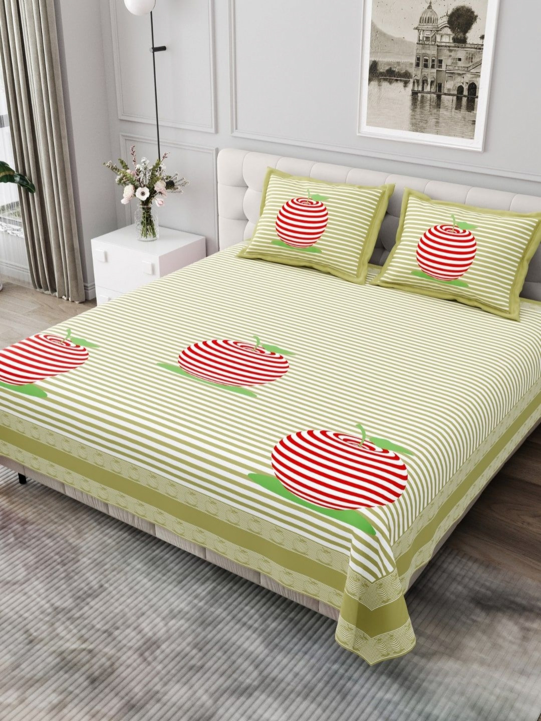 BED-SHEET.COM Lime Green Striped Cotton 250 TC King Fine Bedsheet with 2 Pillow Covers-118 x 118 inches