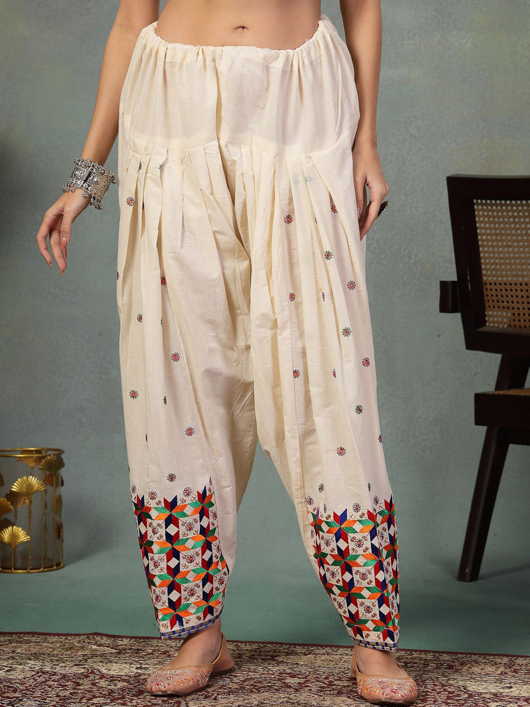 Clora Creation Women Embroidered Phulkari Loose Fit Cotton Salwar