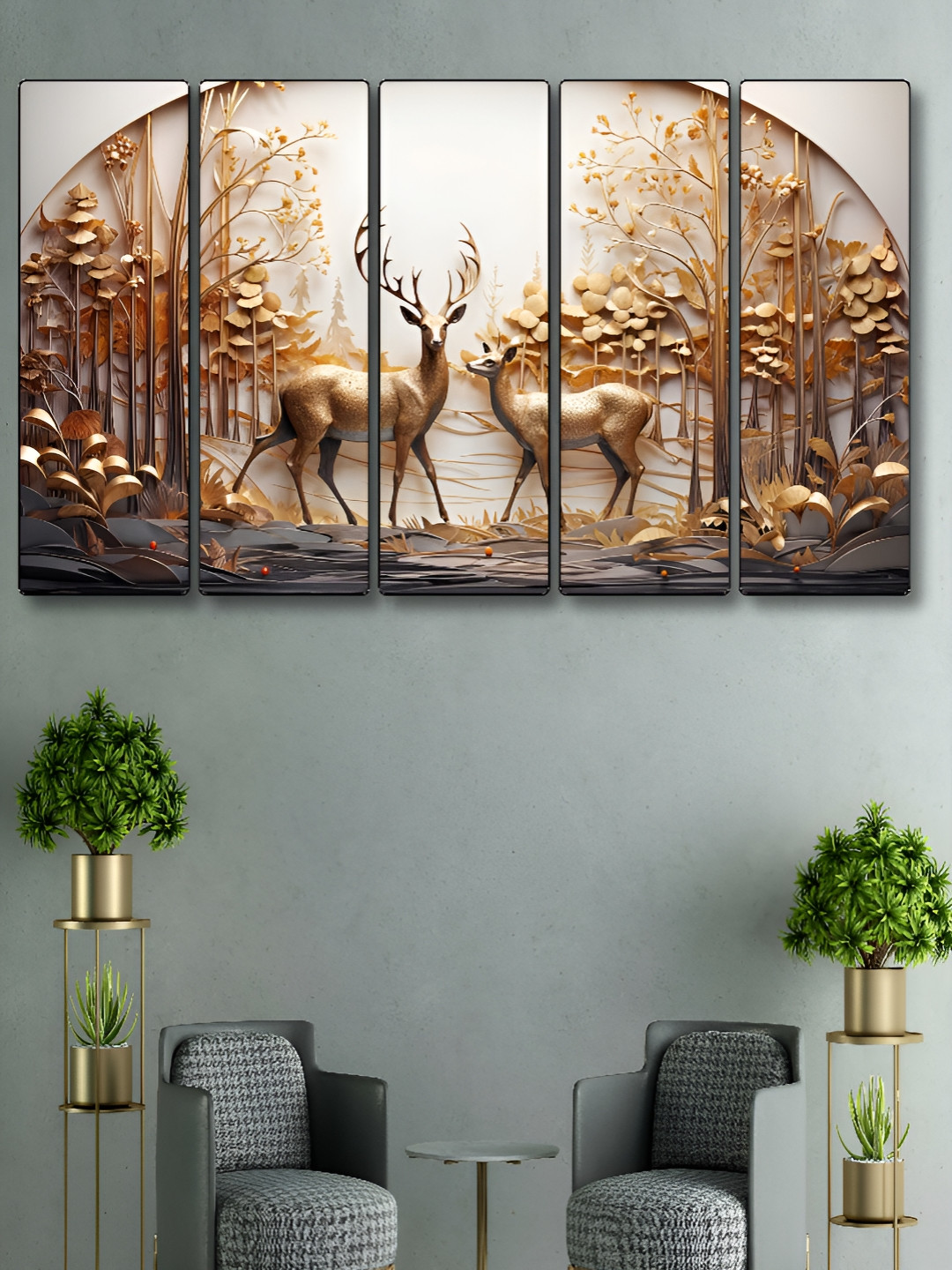 Myntra Elegant Homes Brown & White 5 Pieces Wooden Couple Deer Wall Art