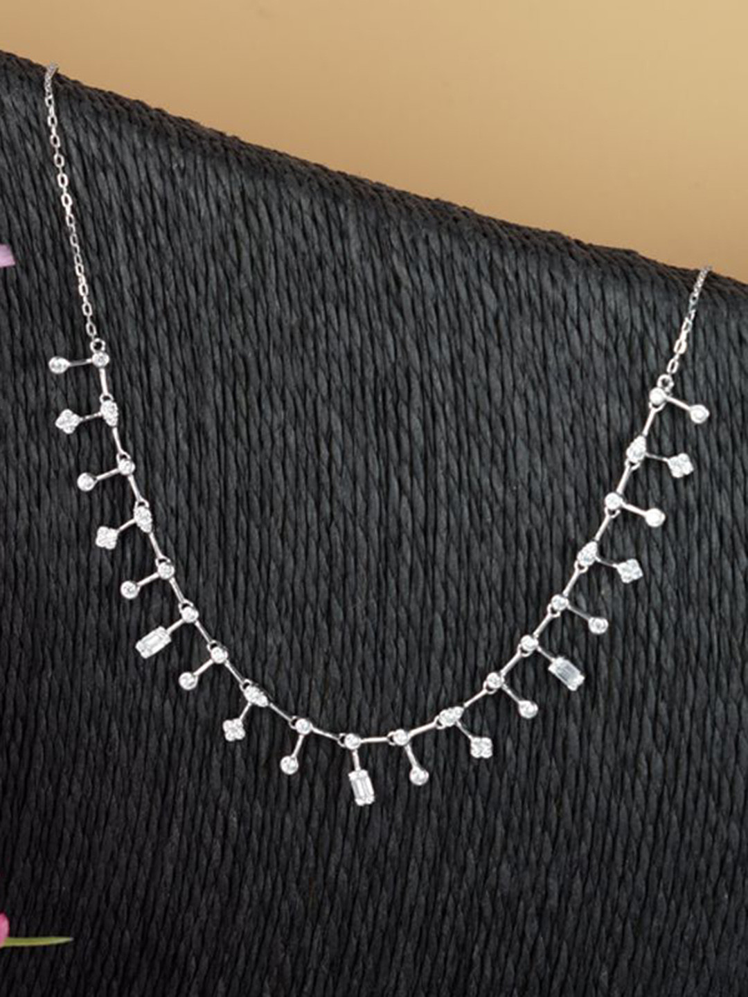 Tuanz Silver Jewelry 925 Silver Rhodium-Plated American Diamond Studded Necklace