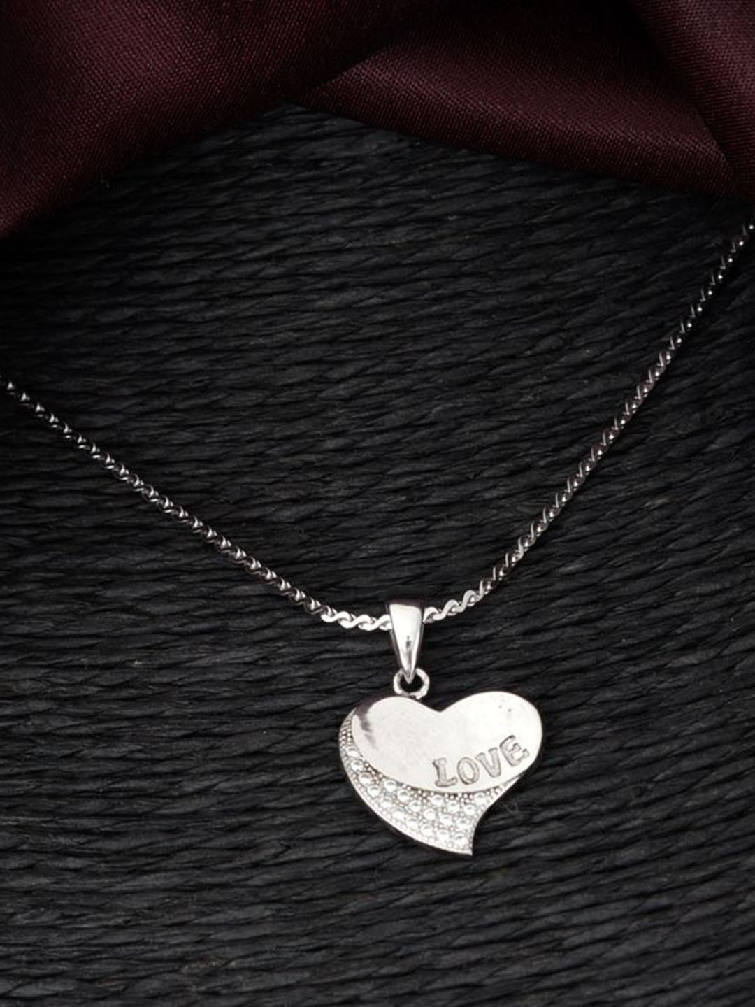 Tuanz Silver Jewelry Rhodium-Plated Heart Shaped Artificial Stones Pendants With Chains