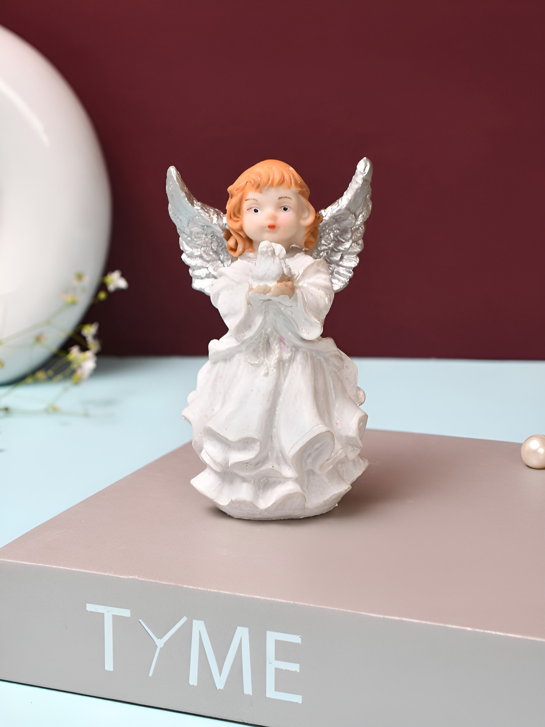 TAYHAA Angel Holding Dove Silver Polyresin Metallic Living Room Small Showpiece - 4.5 Inches