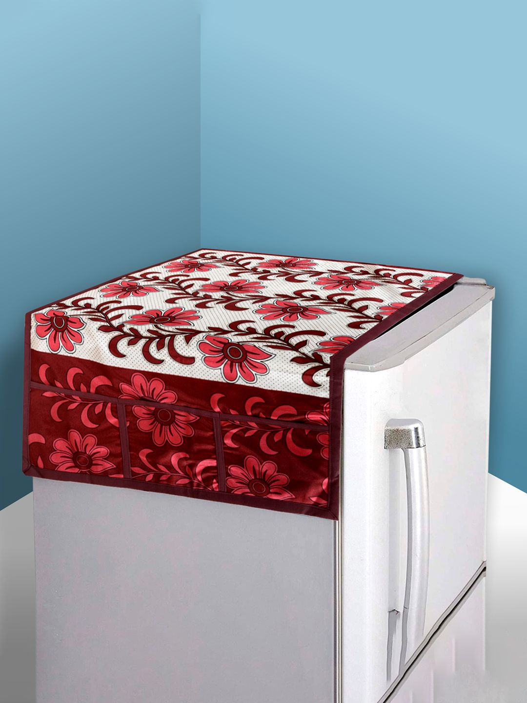 Kuber Industries Beige & White Cotton Knitting Flower Fridge Cover With 6 Utility Pockets