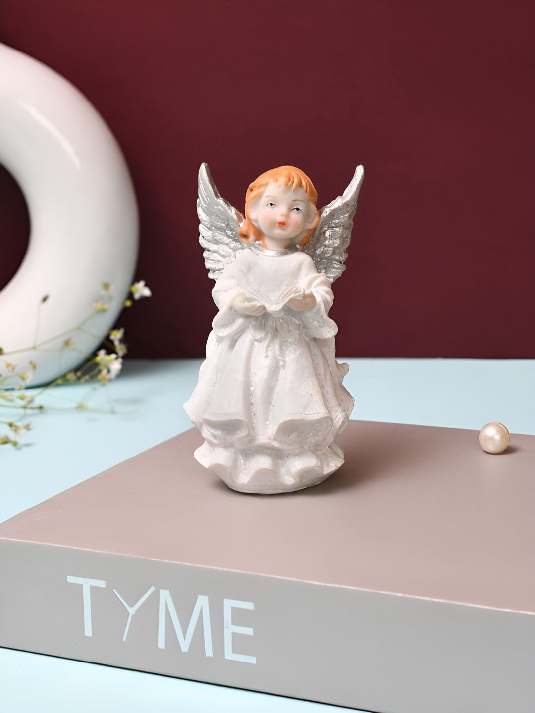 TAYHAA Angel Holding A Book Silver Polyresin Natural Living Room Small Showpiece - 4.5 Inches