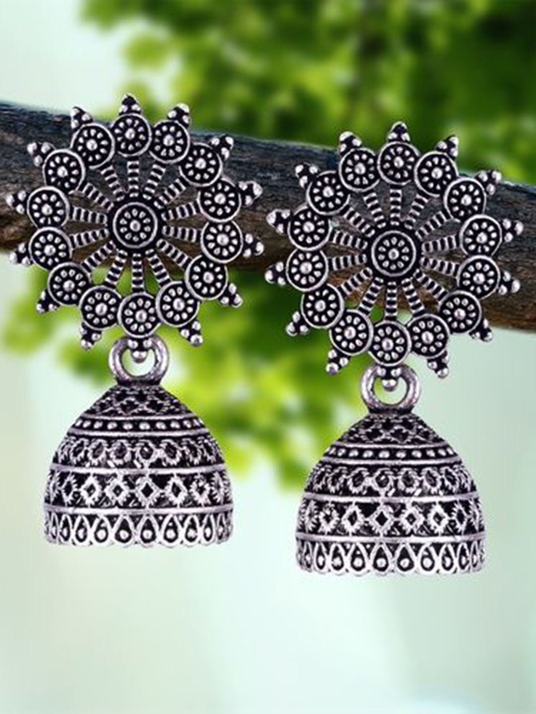 DIVASTRI Set Of 5 Silver-Plated DomeShaped Oxidised Jhumkas
