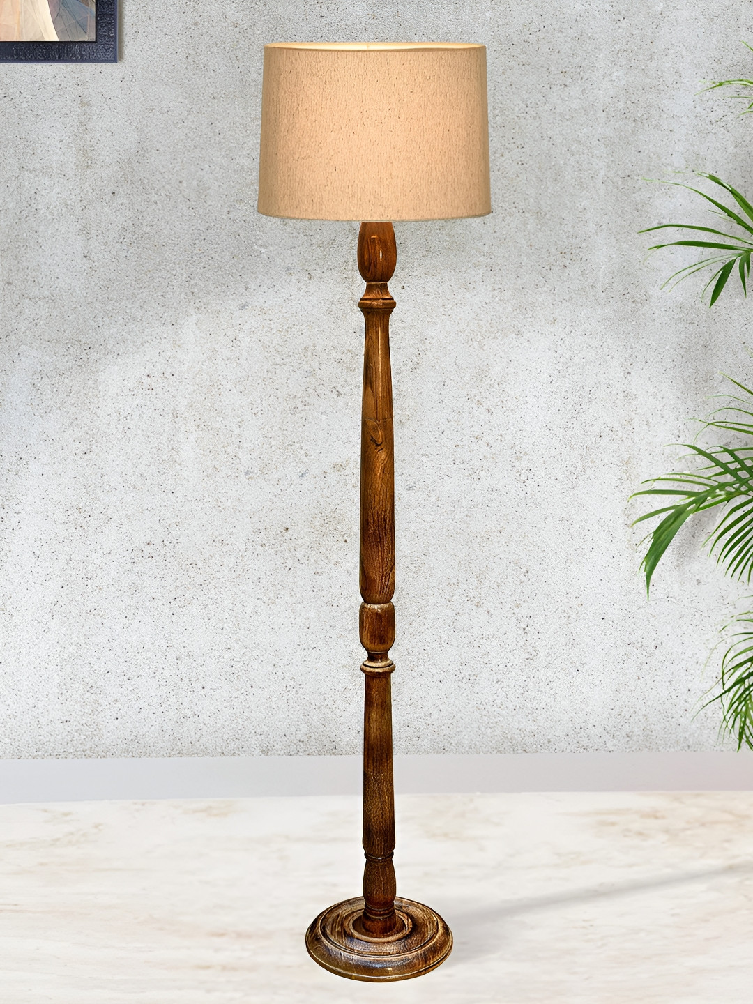 Homesake Rustic Beige & Brown Wooden Cylinder Shaped Floor Lamp With Shade