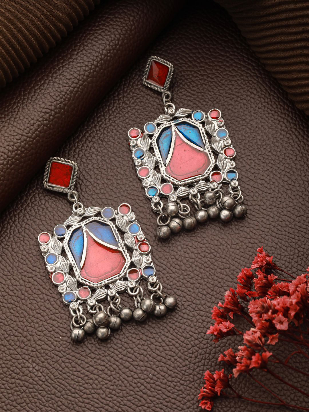 Sangria German Silver Plated Enamelled Square Shaped Oxidised Drop Earrings