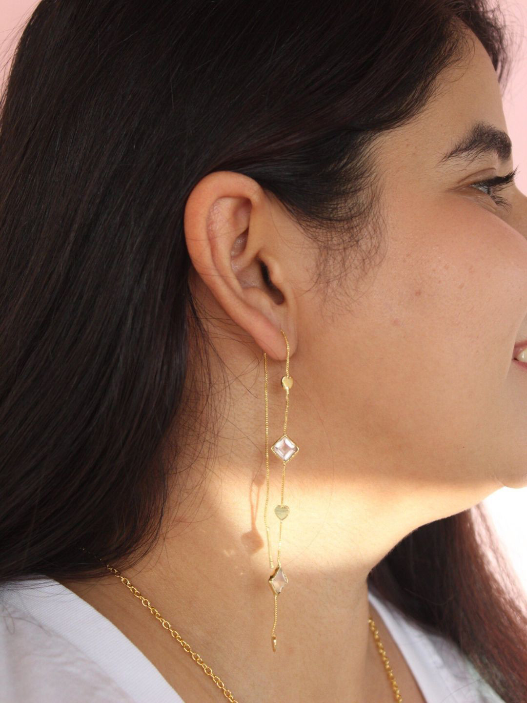 The Ethereal Store Gold-Plated Artificial Stones Studded Heart Threader Drop Earrings