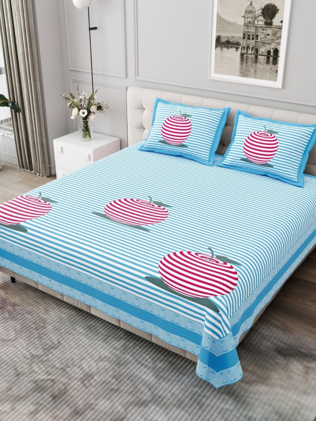 BED-SHEET.COM Blue Striped Cotton 240 TC King Fine Bedsheet with 2 Pillow Covers-299 x 299 cm