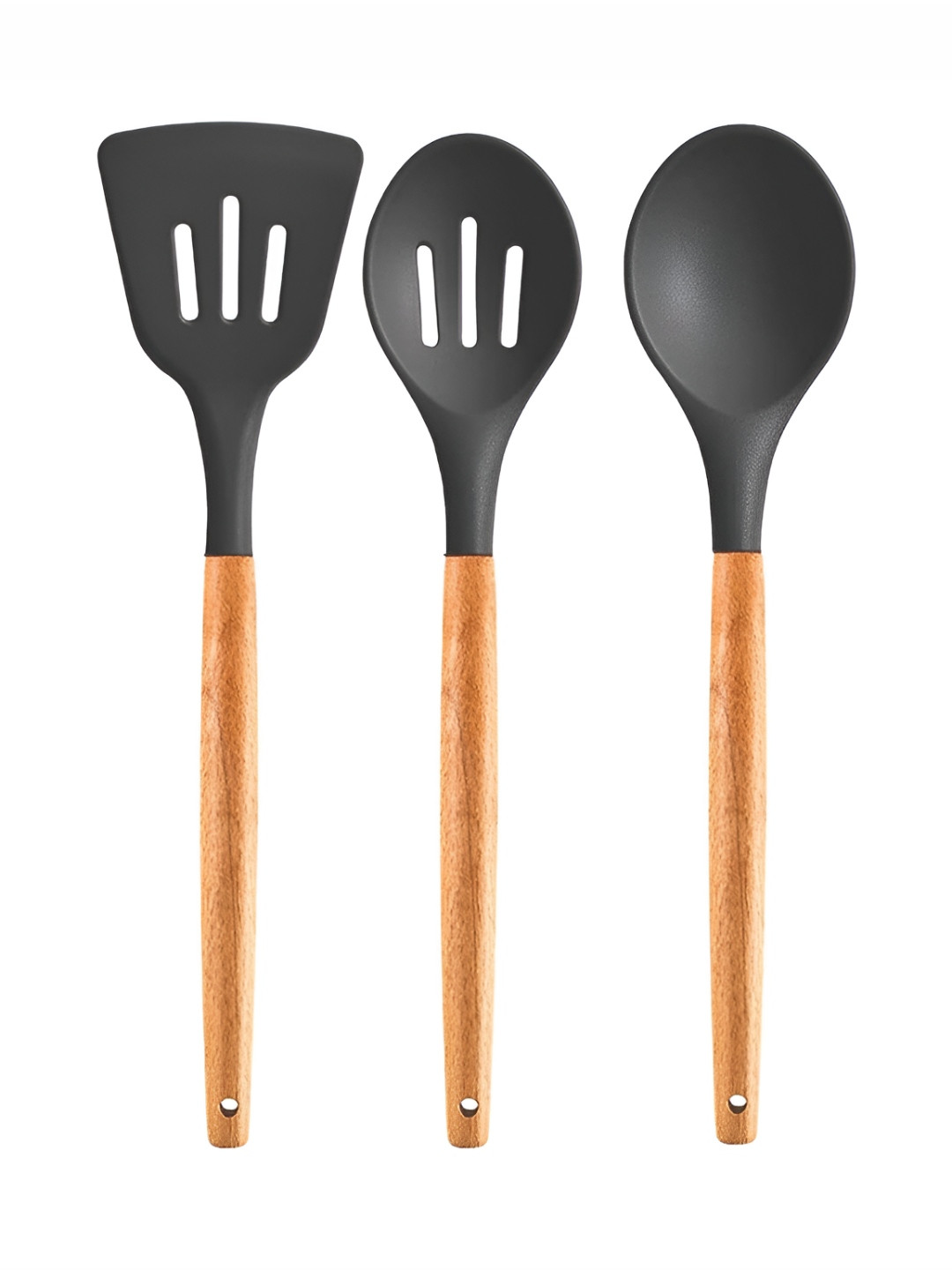 Baskety Grey & Brown 3 Pieces Silicone Serving Spoon Slotted Turner & Slotted Spoon