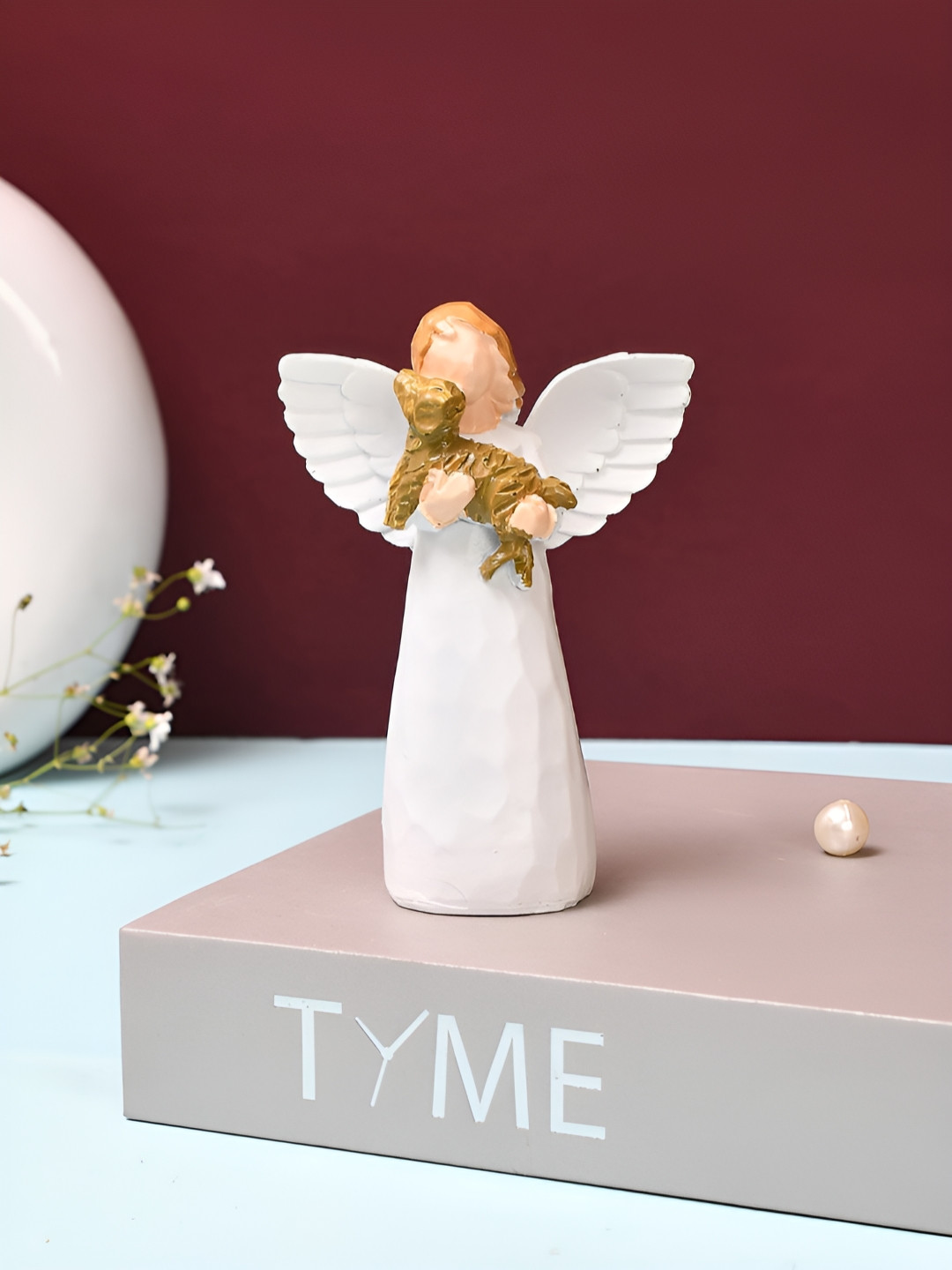 TAYHAA Angel Holding A Active Dog Brown Polyresin Natural Living Room Small Showpiece - 4.7 Inches