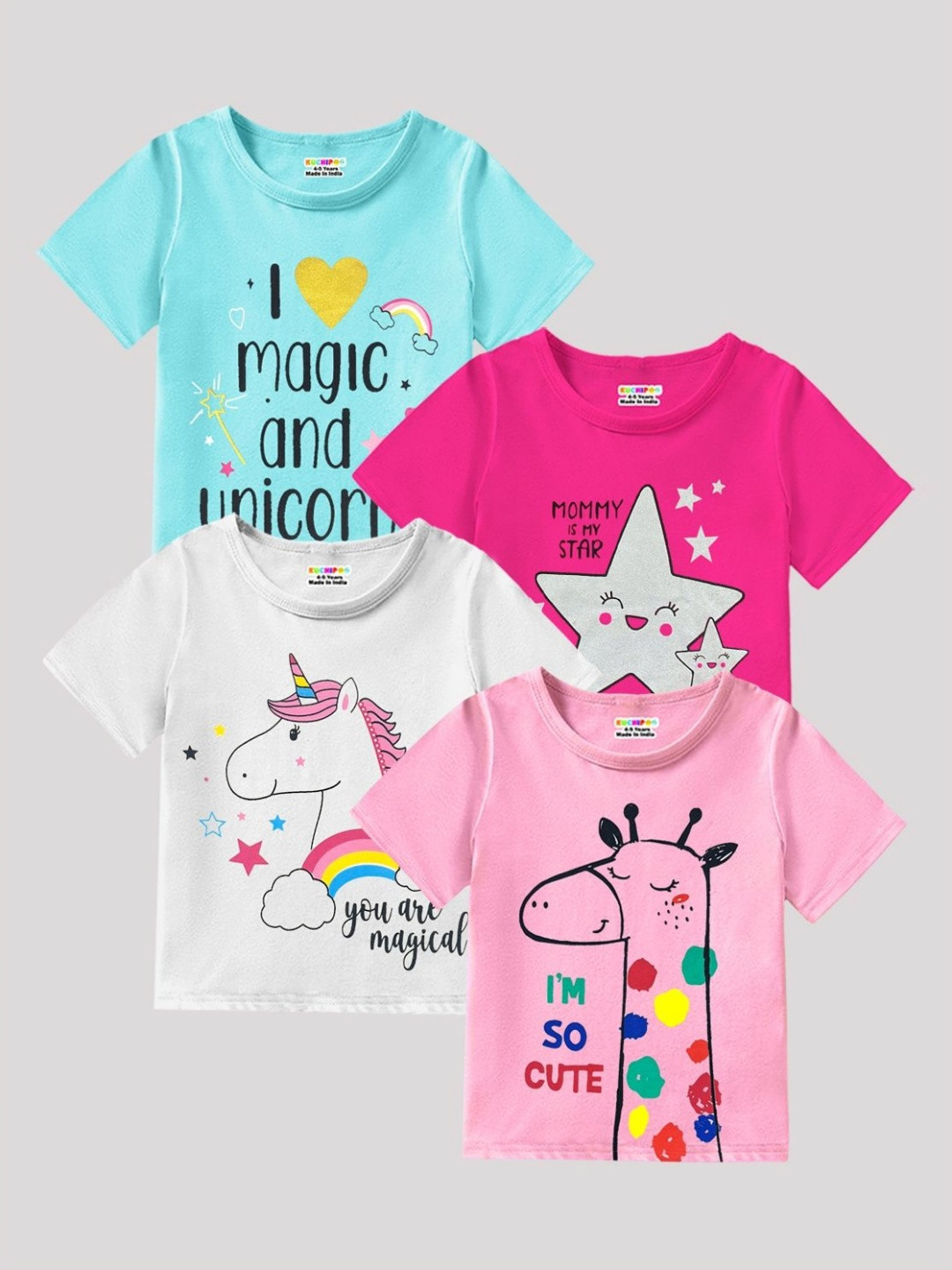 KUCHIPOO Girls 4 Printed Applique T-shirt
