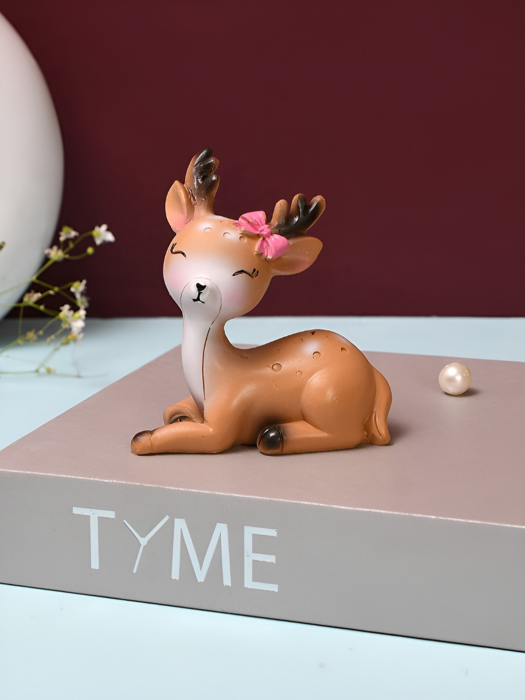 TAYHAA Deer Brown Polyresin Glossy Living Room Small Showpiece - 3.3 Inches