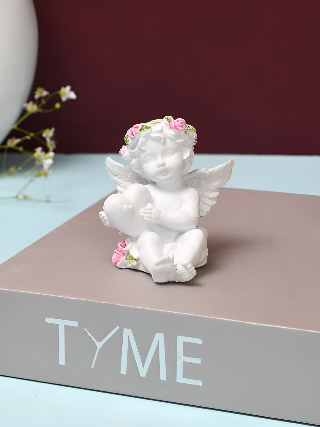 TAYHAA Angel with Heart Motifs Pink Polyresin Glossy Living Room Small Showpiece - 2.6 Inches