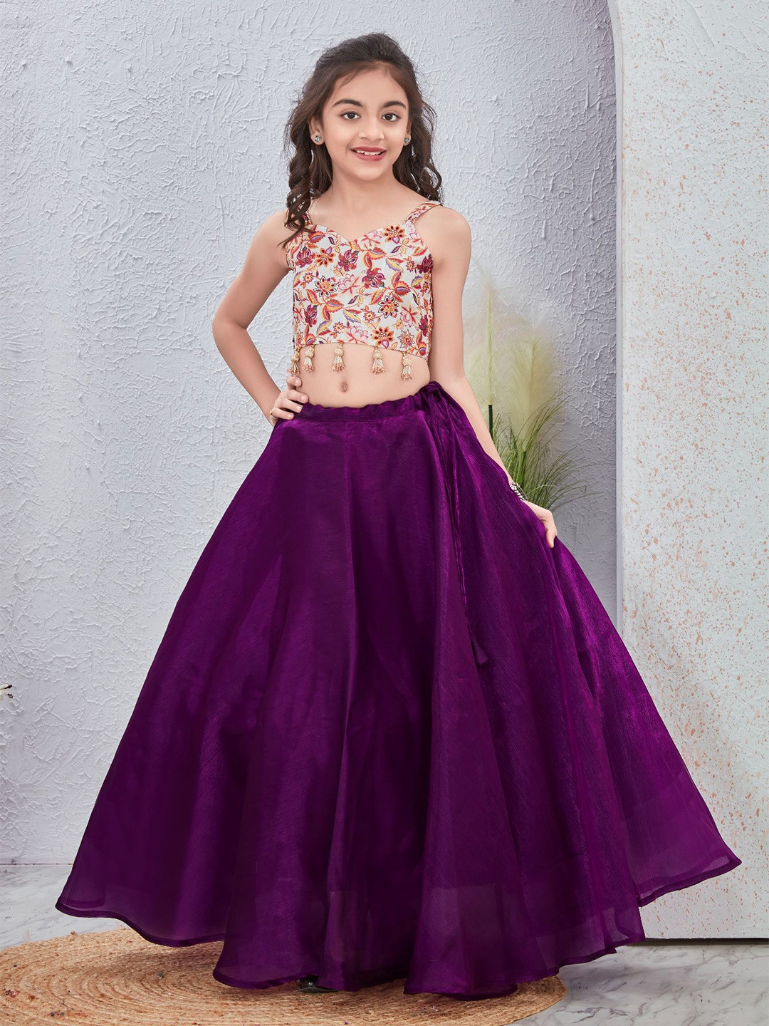 Anneca Girls Floral Printed Shoulder Straps Linen Crop top & Full Flare Lehenga