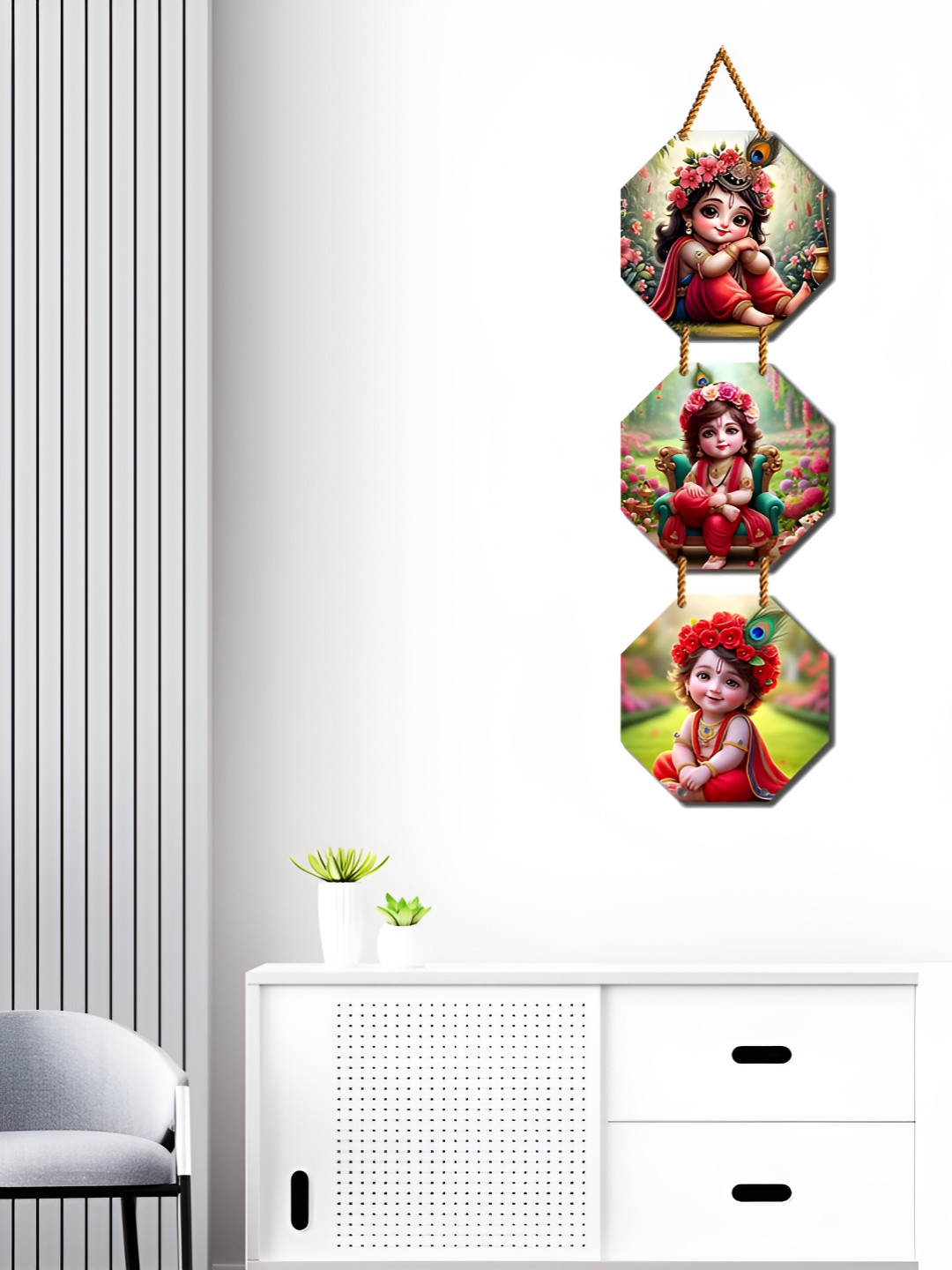 WallDaddy Red & Green Ai Krishna Printed Spiritual Wall Hanging