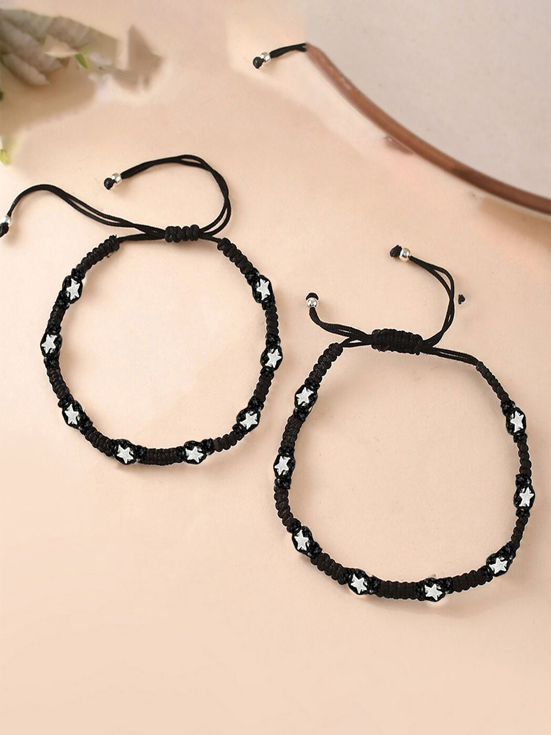 VAMA Women Set of 2 Black Thread Adjustable with Silver Bead and Charm Design Anklets