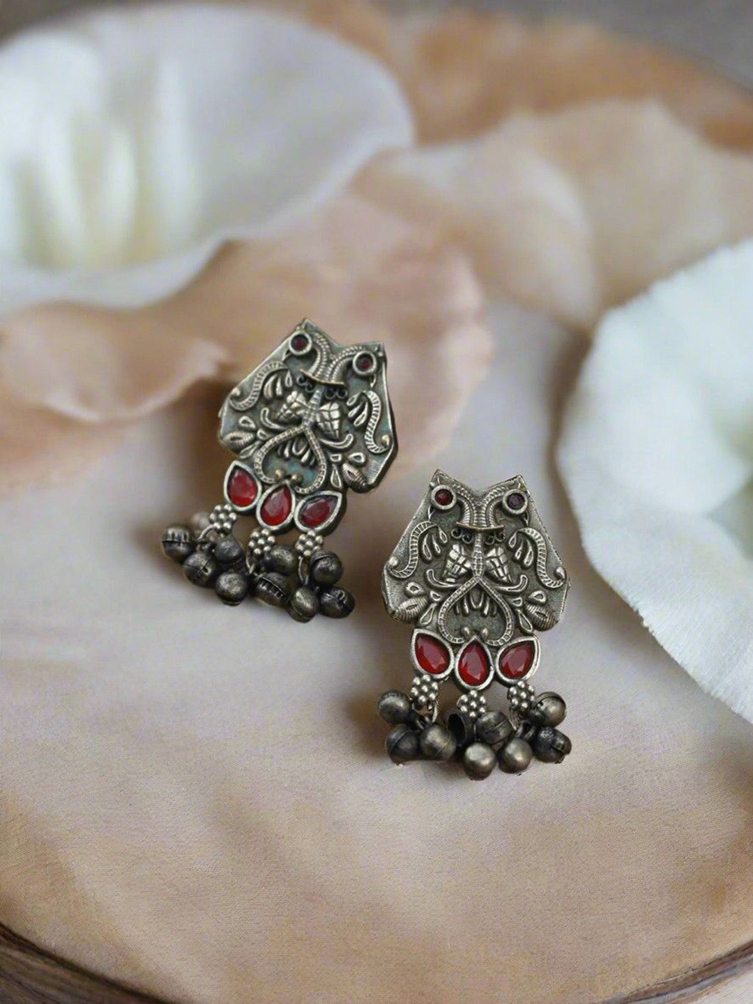 Sangria German Silver Plated Stones Studded Contemporary Owl Shaped Oxidised Drop Earrings