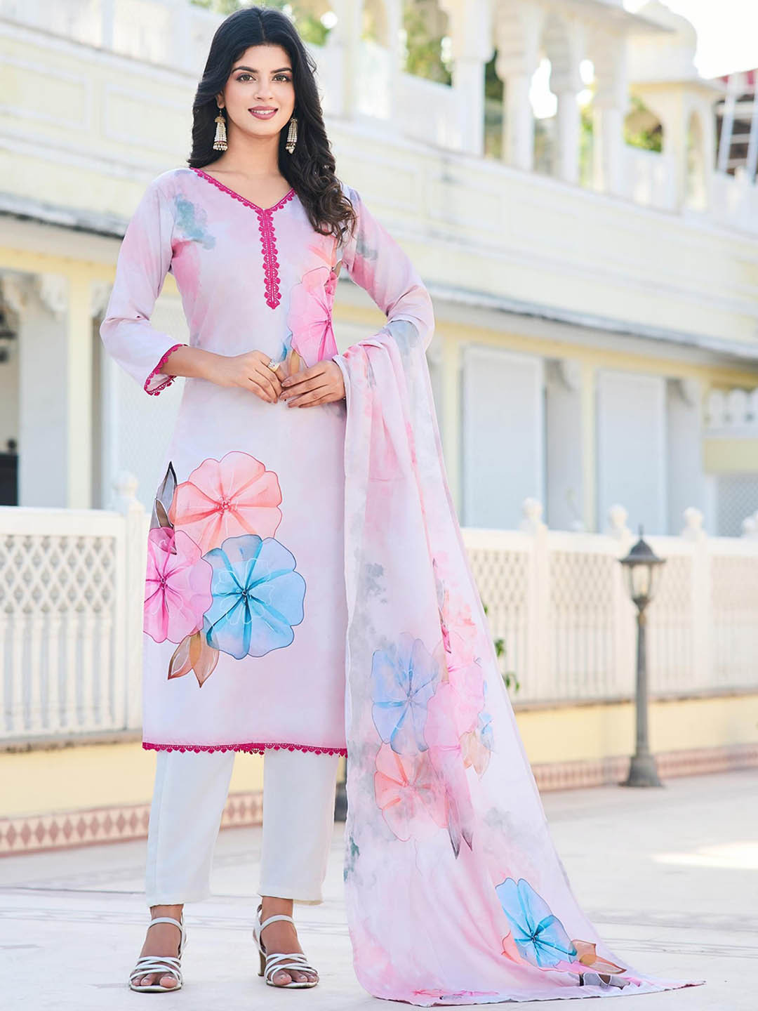 THE52 Floral Printed V-Neck Pure Cotton Straight Kurta with Trousers & Dupatta