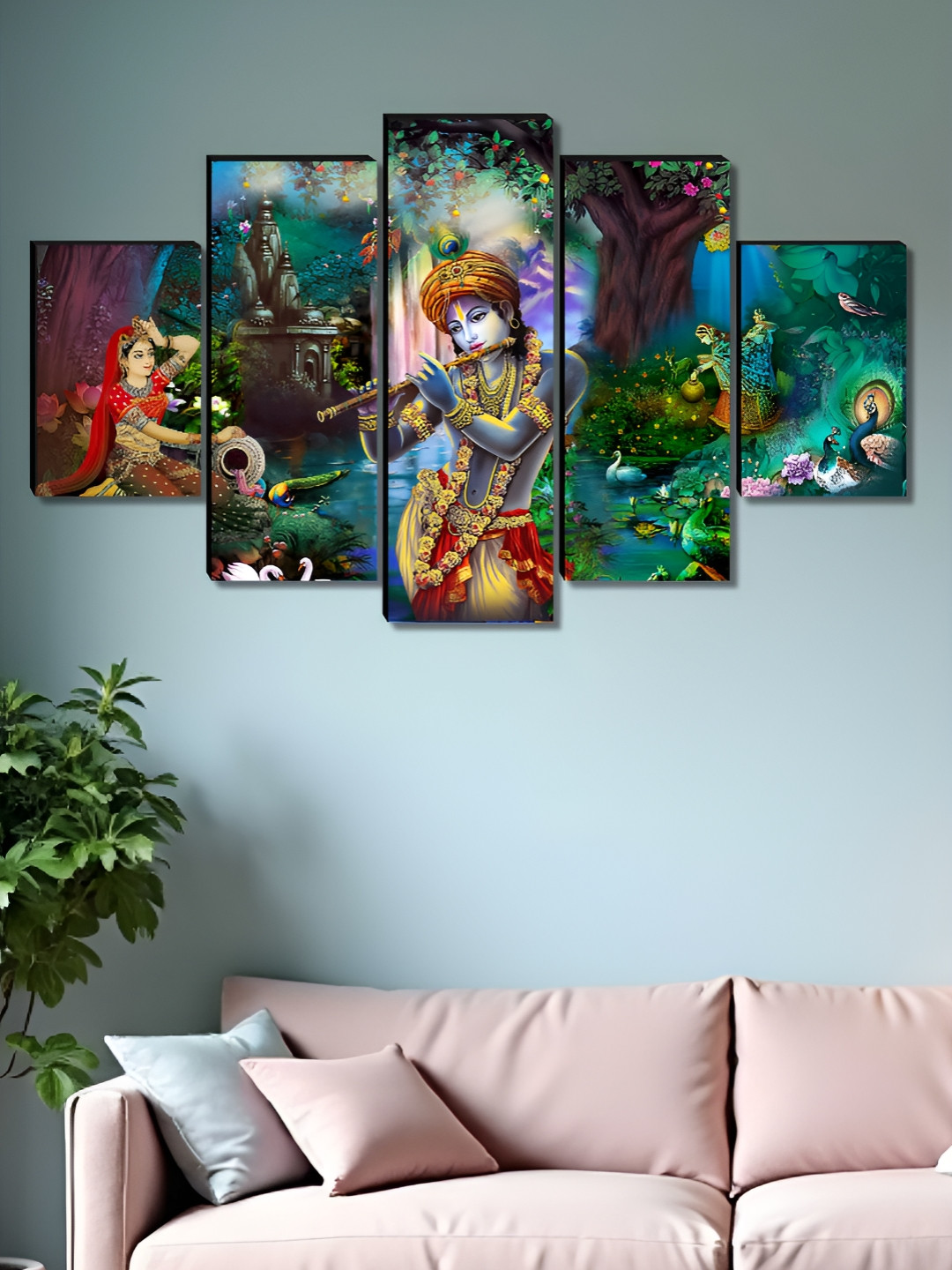Aura Green & Red 5 Pieces Wooden Radha Krishna Religious Wall Art