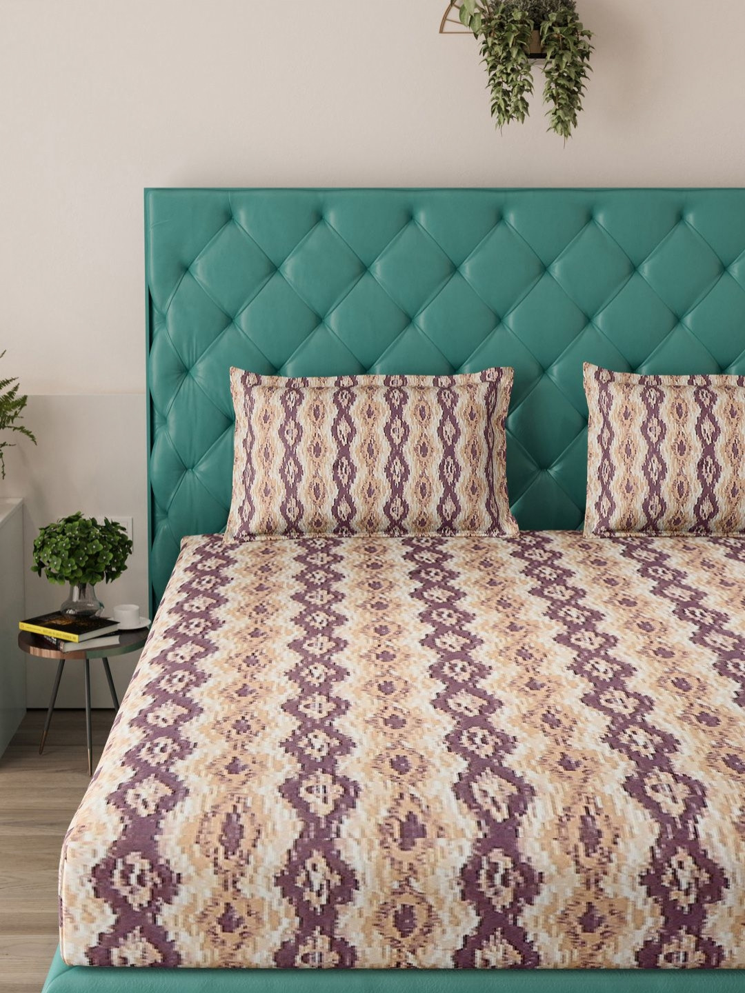 Status Premium Rich Peach Abstract Microfiber 144 TC King Bedsheet with 2 Pillow Covers-94 x 87 inches