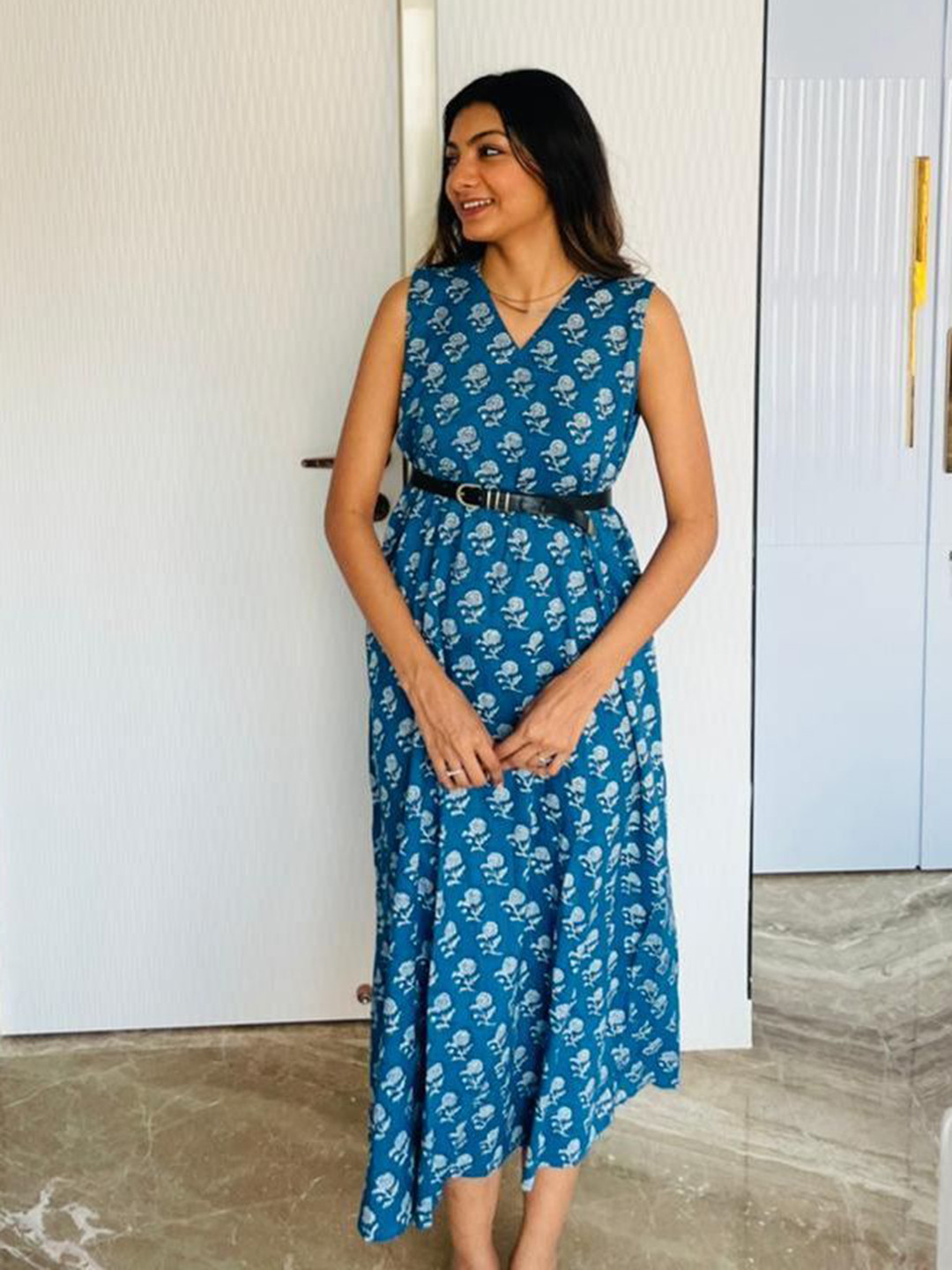 THE VASILIKI Women Baby Blue Sanganeri V Neck Fit and Flare Dress