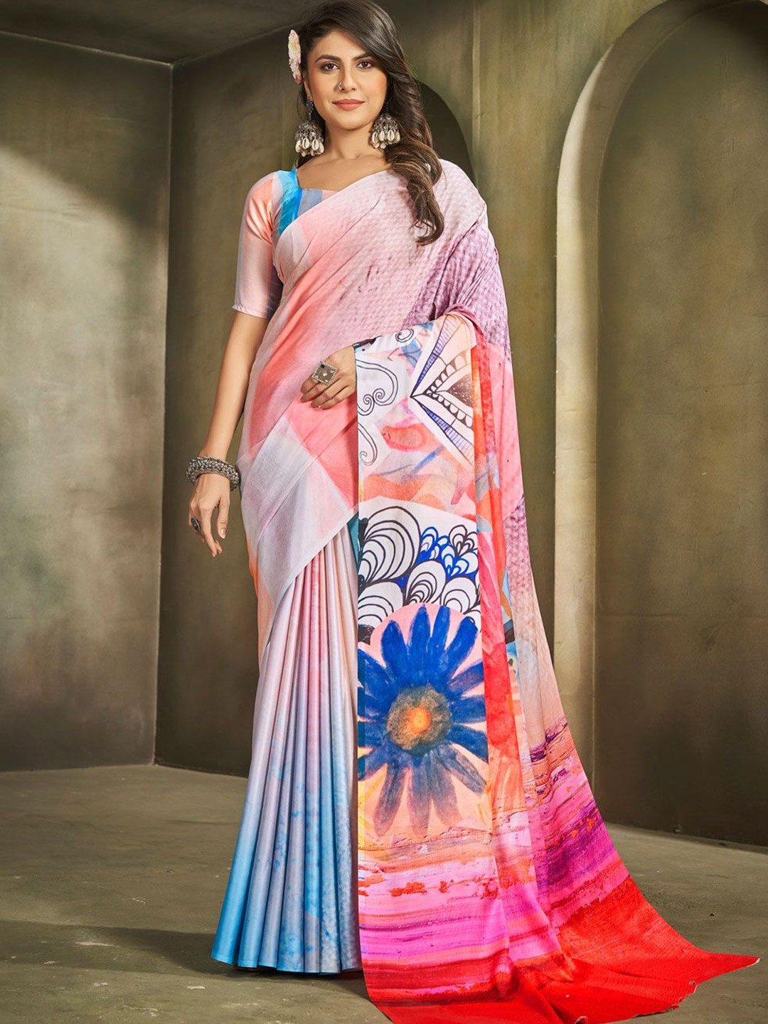 WEAREZEE Ethnic Motifs Satin Designer Saree