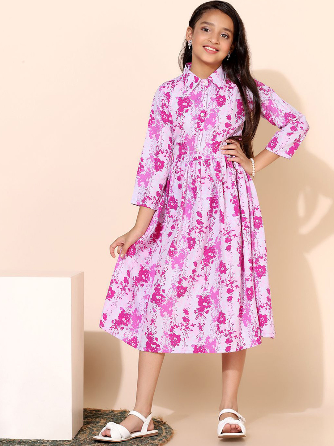 YK Girls Floral Print Shirt Collared Fit & Flare Midi Dress
