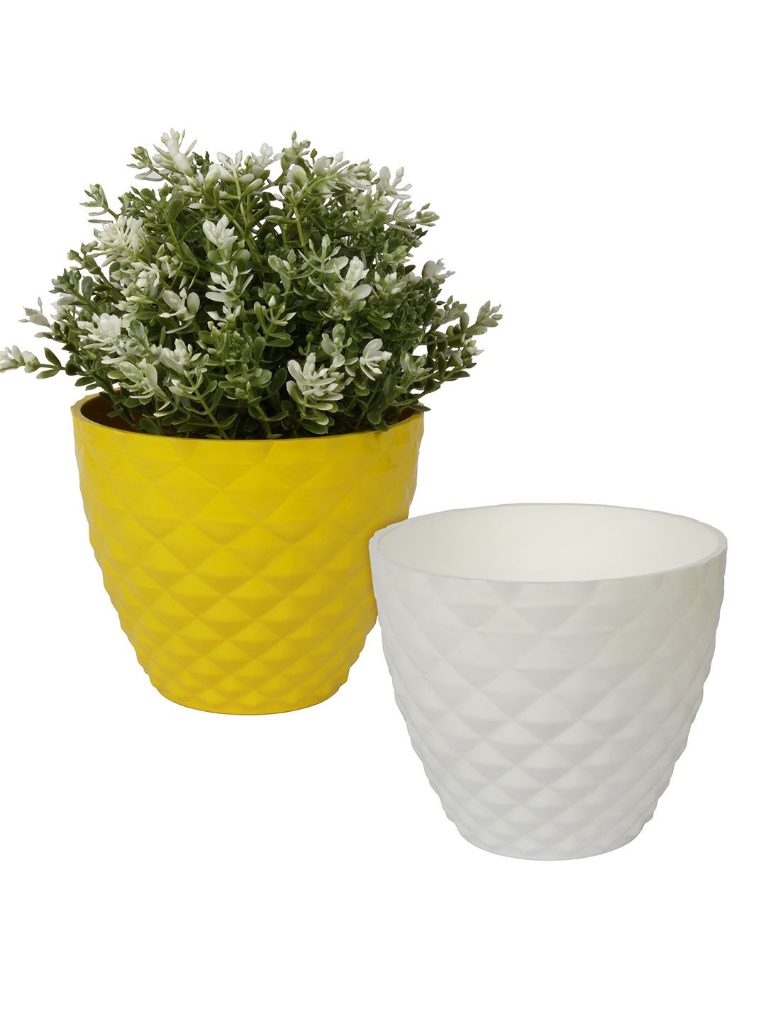Kuber Industries White & Yellow 2 Pieces Textured Flower Pots Planters