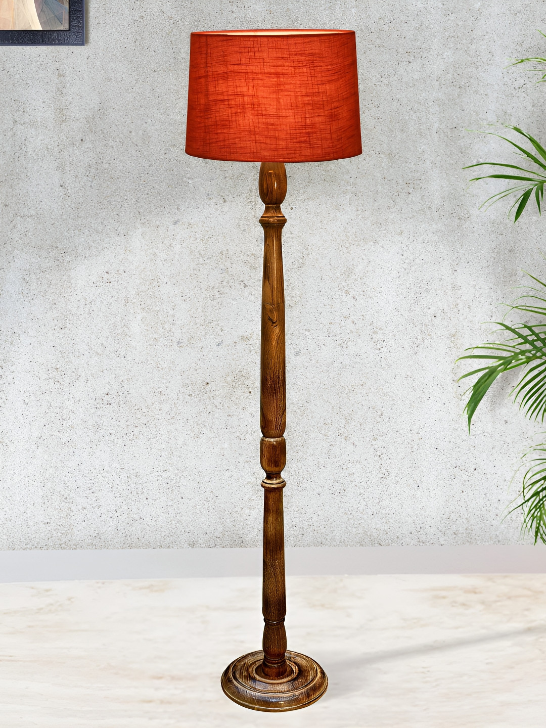 Homesake Rustic Red & Brown Wooden Cylinder Shaped Floor Lamp With Shade