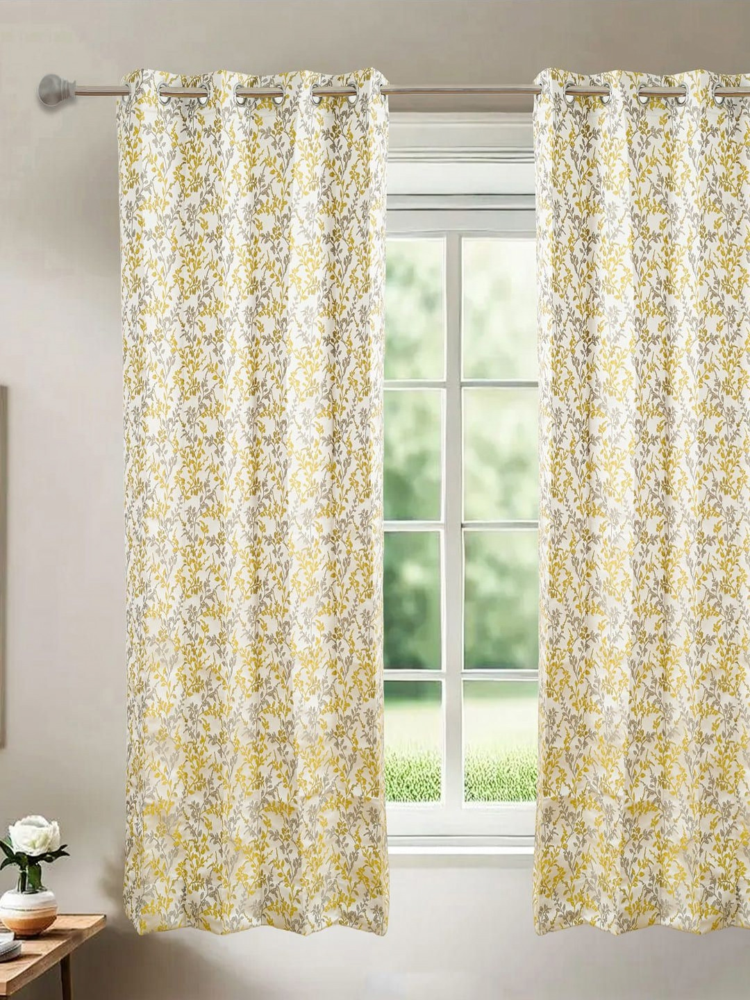 Floating Walls Furnishings White & Grey Floral Printed Window Curtain